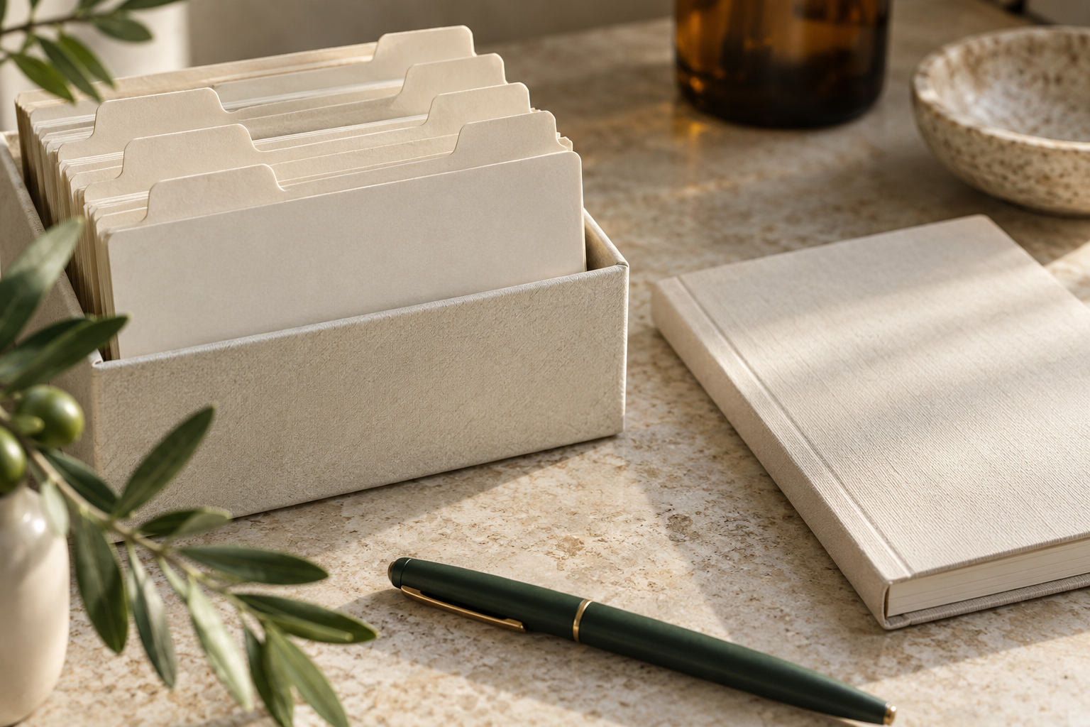 Organised product documents and an amber skincare bottle, illustrative photograph