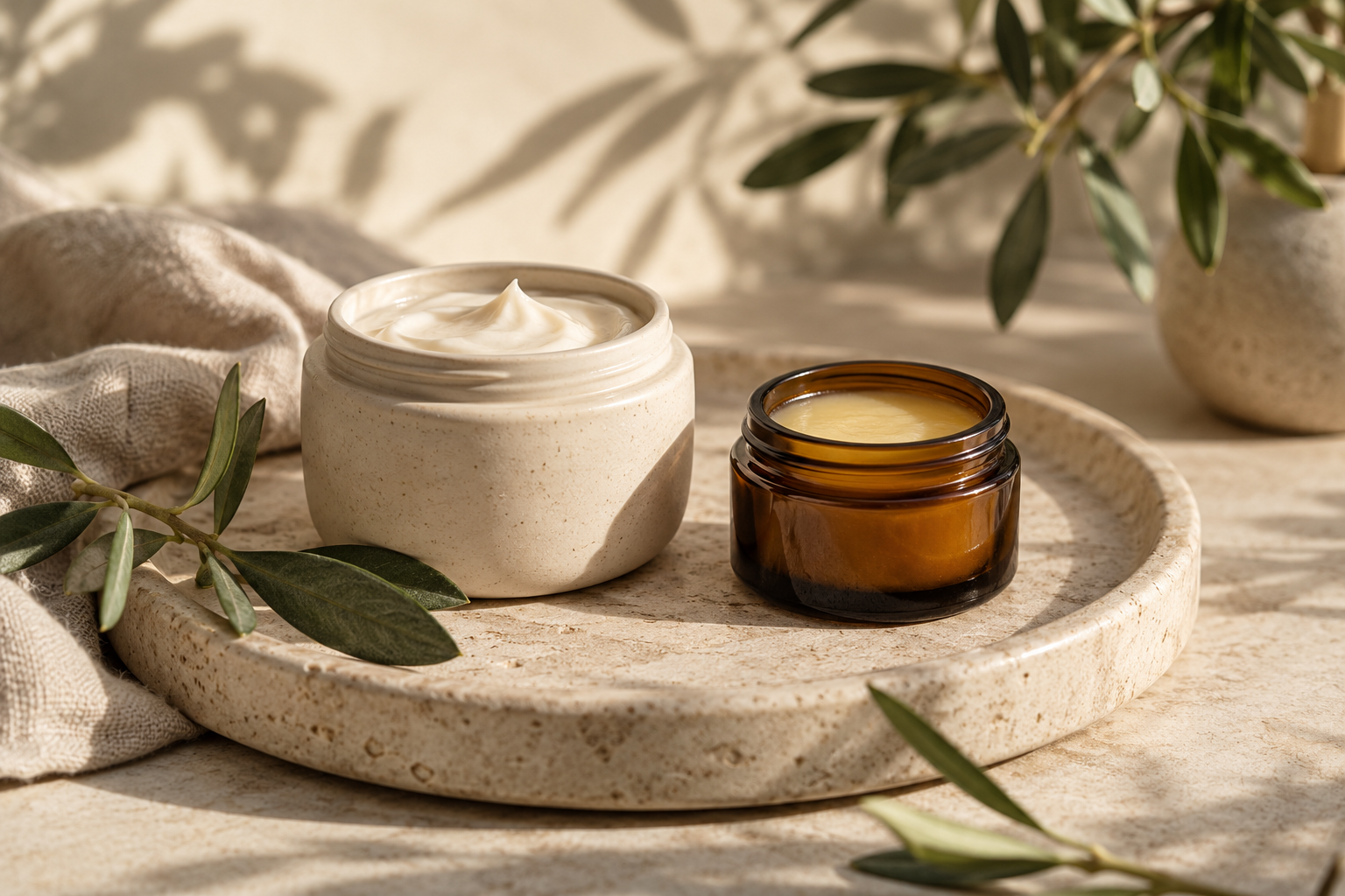 Skincare products and an organised workspace, illustrative photograph