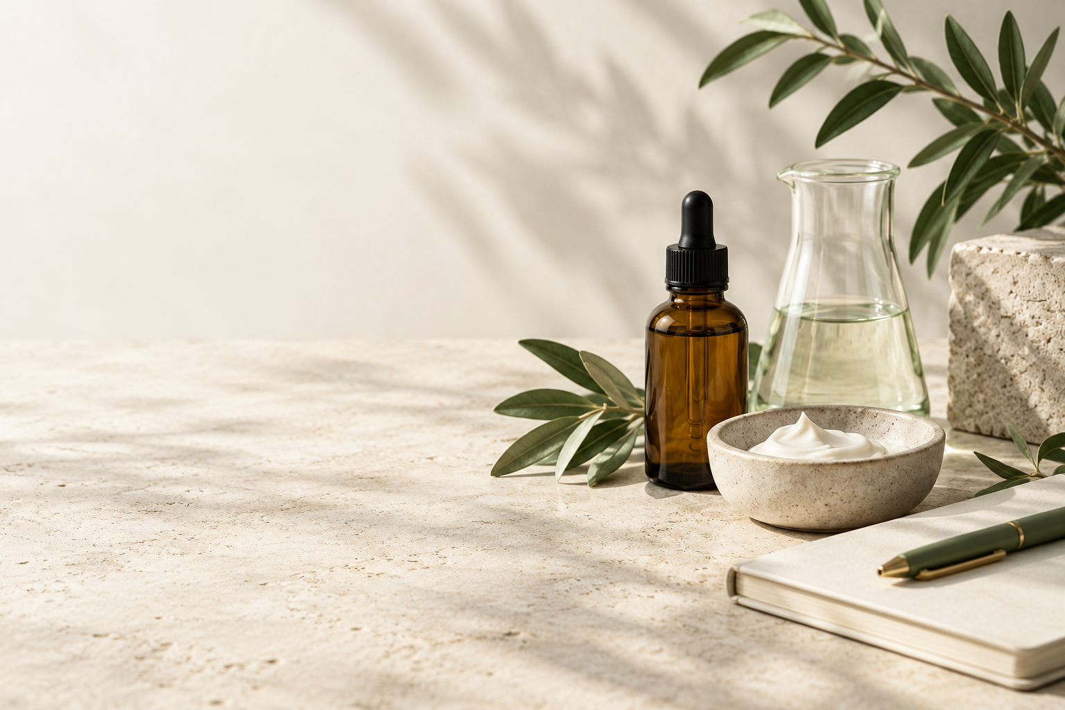 Amber skincare bottle, cream, glass beaker and notebook in warm daylight